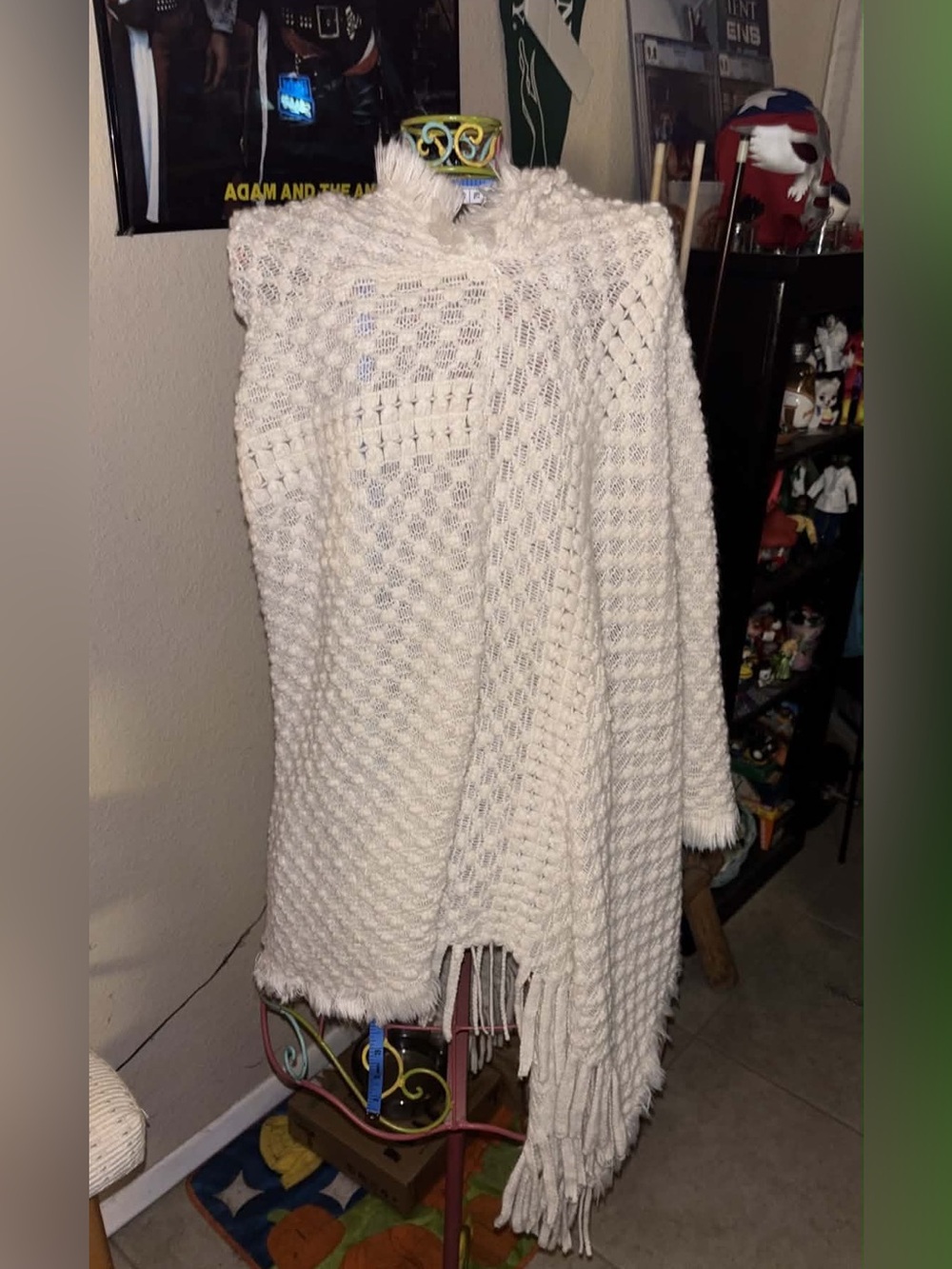 Cream Crochet Fringe Knit Poncho